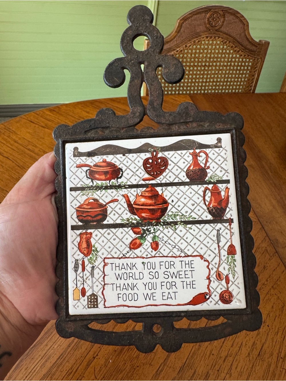Vintage 1970 Ceramin Tile Trivet with Cast Iron Frame